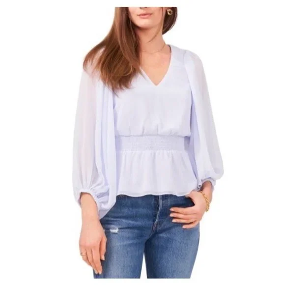 Sam Jess Tops Sam Jess Vneck Smocked Peplum Top Pearl Blue